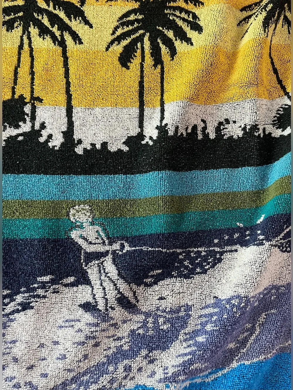 Vintage 1980s Jay Franco Surfer Beach Towel Retro Neon Sunset Palm Trees 27x53.5